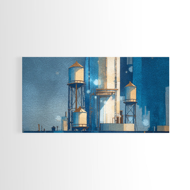 Rooftop Water Tower Framed Canvas Print, Urban Art, Poster, Living Room Decor, Watercolor Art, Urban, Modern Wall Art, URB-2x1-5