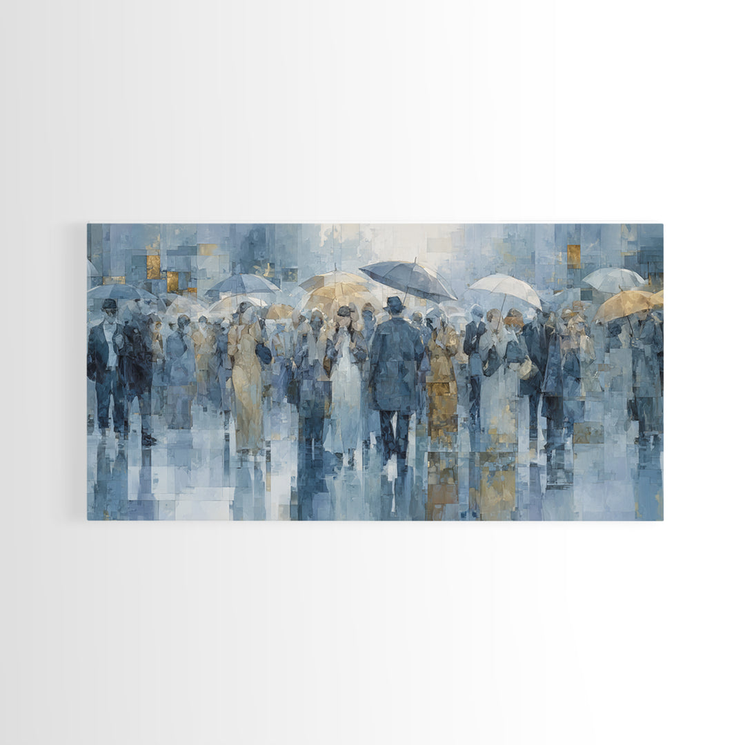 Rain Umbrella Figures Canvas Print, Urban Art, Oil Painting, Living Room Decor, Urban, Black Art Prints, Book Shelf Decor, URB-2x1-64
