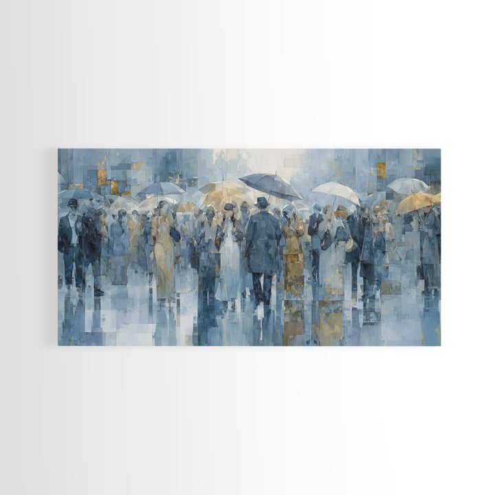 Rain Umbrella Figures Canvas Print, Urban Art, Oil Painting, Living Room Decor, Urban, Black Art Prints, Book Shelf Decor, URB-2x1-64