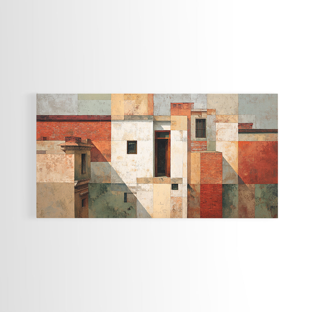 Brick Wall and Window Shadows as Geometry Canvas Print, Urban Art, Oil Painting, Living Room Decor, Urban, Black Art Prints, URB-2x1-73