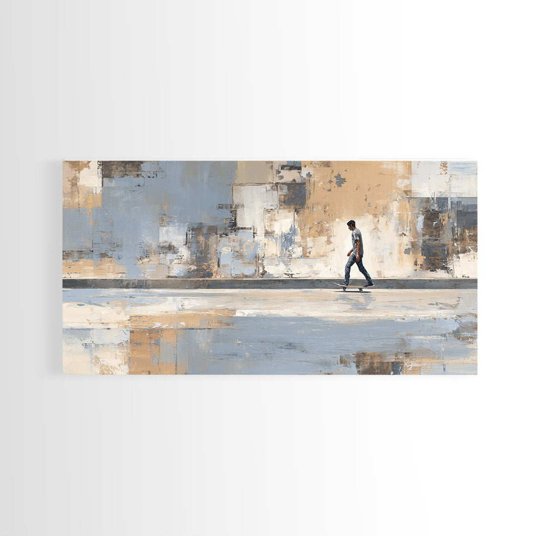 Skateboarder Crossing a Concrete Plaza Framed Canvas Print, Urban Art, Boho Decor, Living Room Decor, Fine Art, Urban, URB-2x1-75