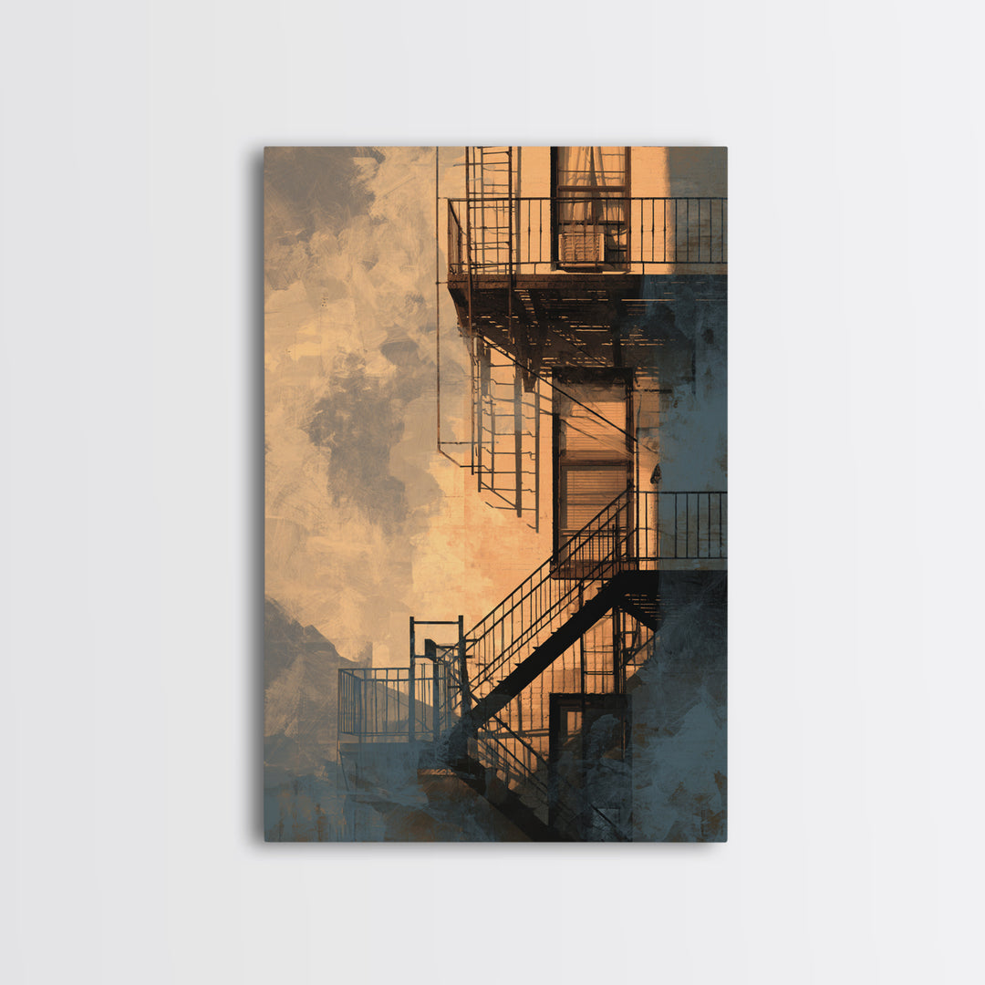 Fire Escape Silhouette Canvas Print, Urban Art, Luxury Decor, Living Room Decor, Fine Art, Urban, Oil Painting, URB-2x3-10