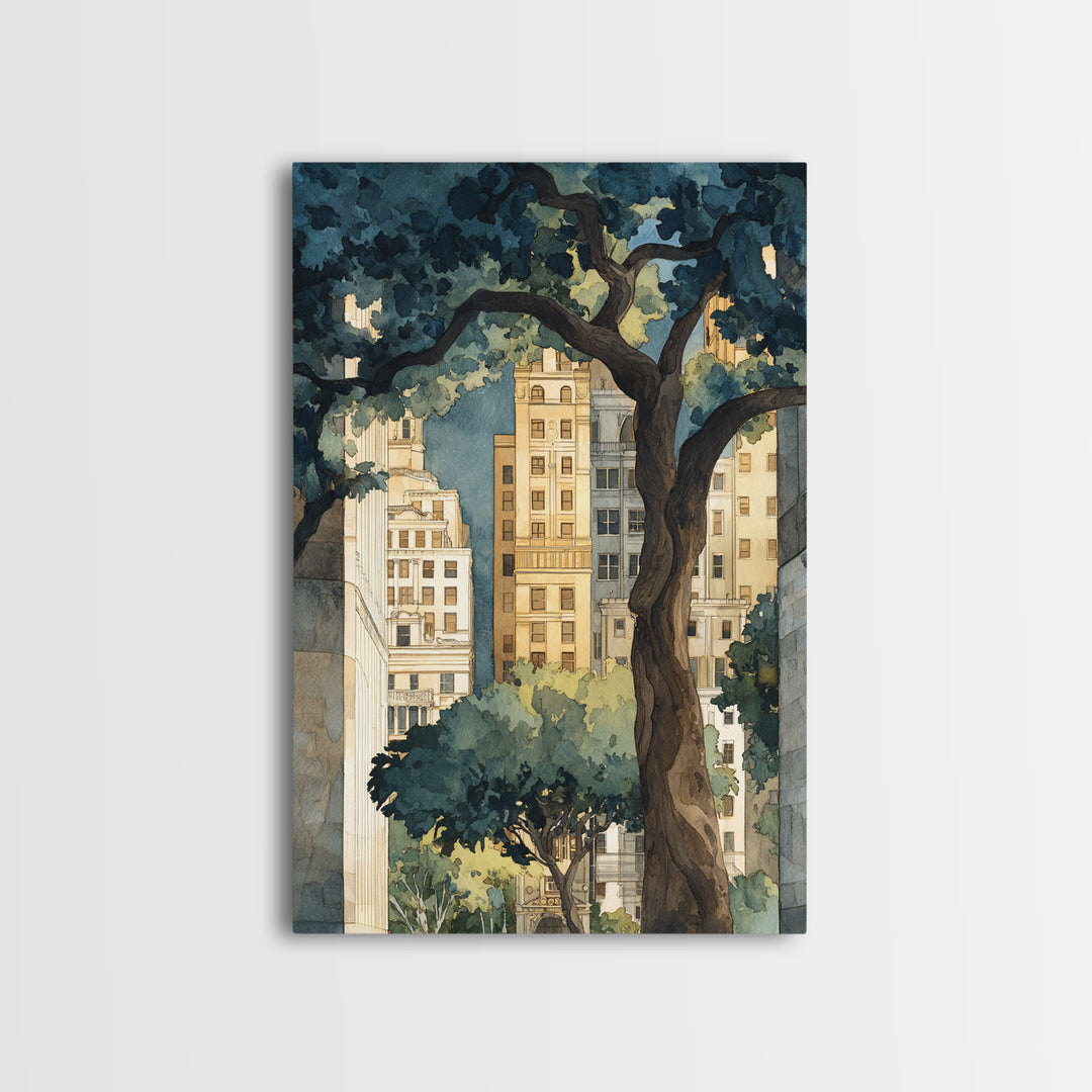 City Park Tree Framed by Buildings Framed Canvas Print, Urban Art, Boho Decor, Living Room Decor, Abstract Art, Urban, URB-2x3-2