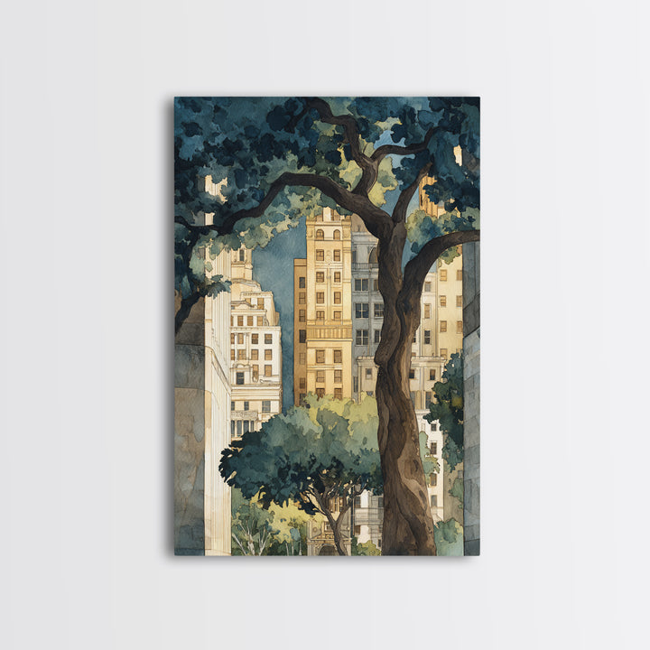 City Park Tree Framed by Buildings Framed Canvas Print, Urban Art, Boho Decor, Living Room Decor, Abstract Art, Urban, URB-2x3-2