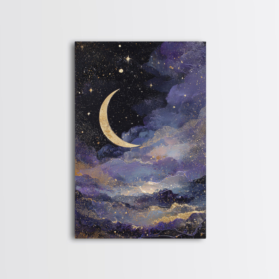 Night Skyline under Crescent Moon Canvas Print, Urban Art, Black Girl Wall Art, Living Room Decor, Abstract Art, Urban, URB-2x3-32