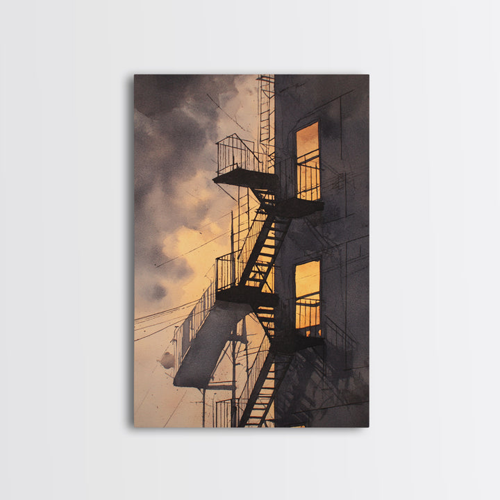 Fire Escape Silhouette Framed Canvas Print, Urban Art, Contemporary Art, Living Room Decor, Fine Art, Urban, Black Art, URB-2x3-34