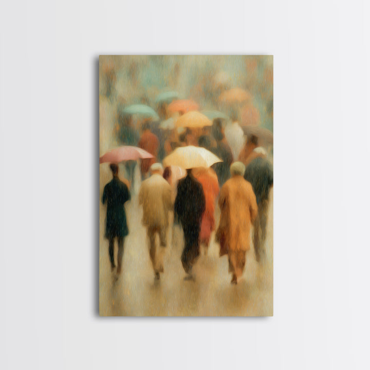 Rain Umbrella Figures Framed Canvas Print, Urban Art, Statement Artwork, Living Room Decor, Fine Art, Urban, Wall Decor, URB-2x3-4