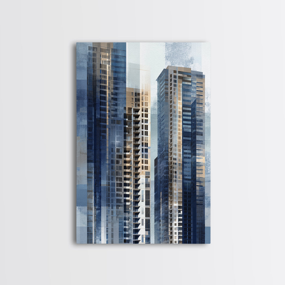 Modern Skyscraper Glass Reflections Framed Canvas Print, Urban Art, Textured Painting, Living Room Decor, Fine Art, Urban, URB-2x3-46