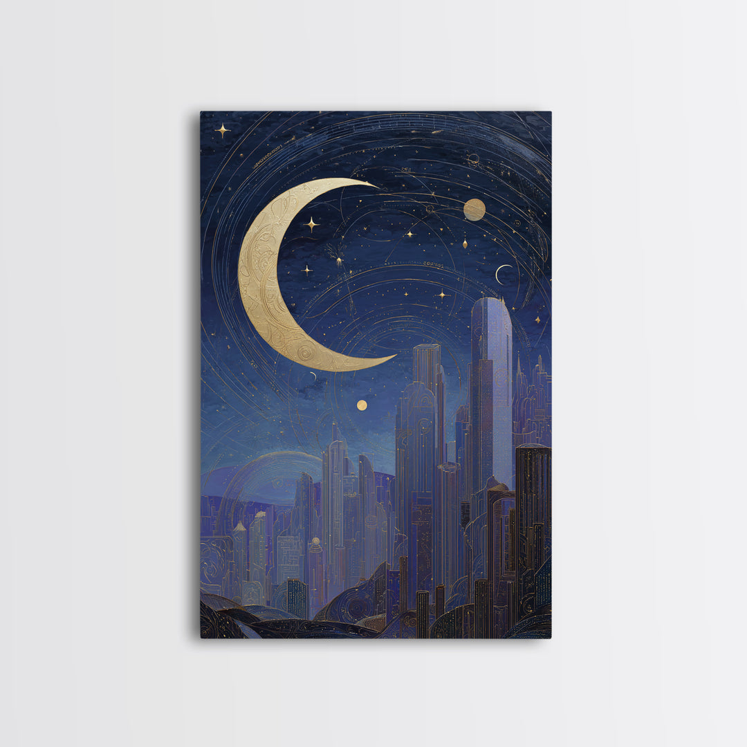 Night Skyline under Crescent Moon Framed Canvas Print, Urban Art, Neutral Decor, Living Room Decor, Fine Art, Urban, Wall Art, URB-2x3-56