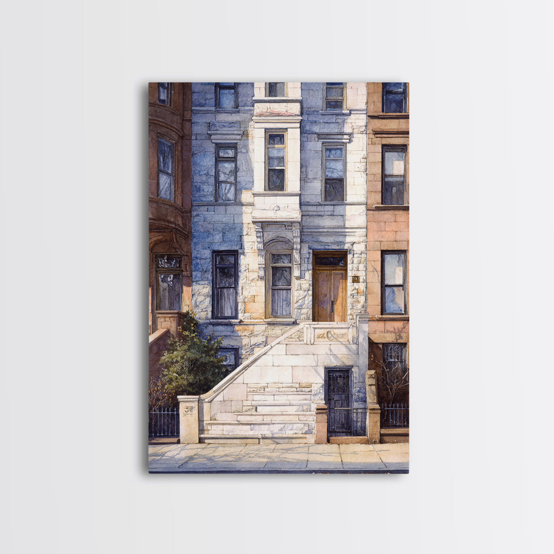 Brownstone Row in Soft Morning Light Framed Canvas Print, Urban Art, Art Deco, Living Room Decor, Urban, Book Shelf Decor, URB-2x3-68