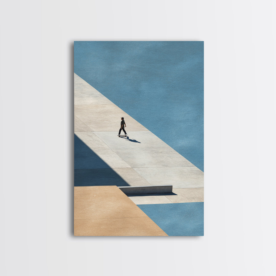 Skateboarder Crossing a Concrete Plaza Framed Canvas Print, Urban Art, Living Room Wall Art, Living Room Decor, Fine Art, Urban, URB-2x3-87