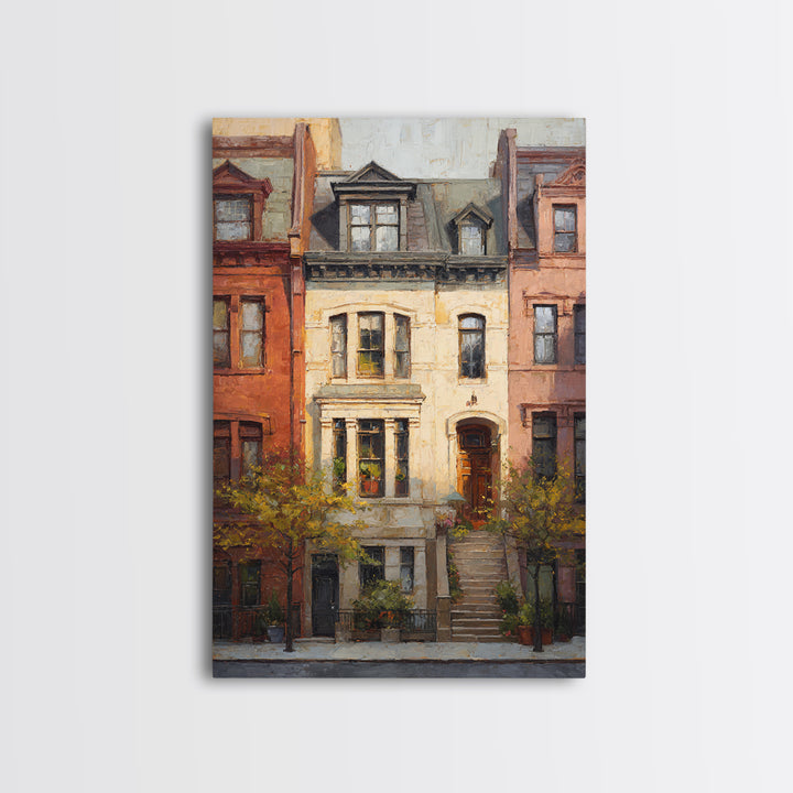 Brownstone Row in Soft Morning Light Framed Canvas Print, Urban Art, Gallery Decor, Living Room Decor, Abstract Art, Urban, URB-2x3-92