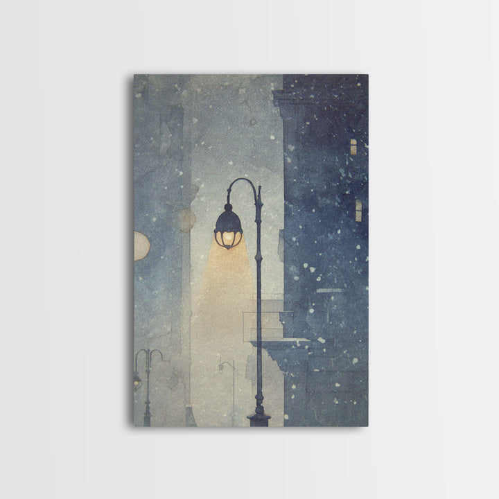 Streetlamp and Falling Snow Framed Canvas Print, Urban Art, Textured Wall Art, Living Room Decor, Urban, Digital Download Art, URB-2x3-93