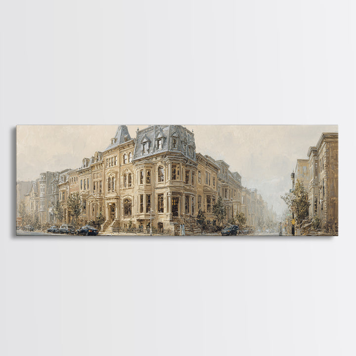 Brownstone Row in Soft Morning Light Canvas Print, Urban Art, Modern Decor, Living Room Decor, Abstract Art, Urban, Home Decor, URB-3x1-100