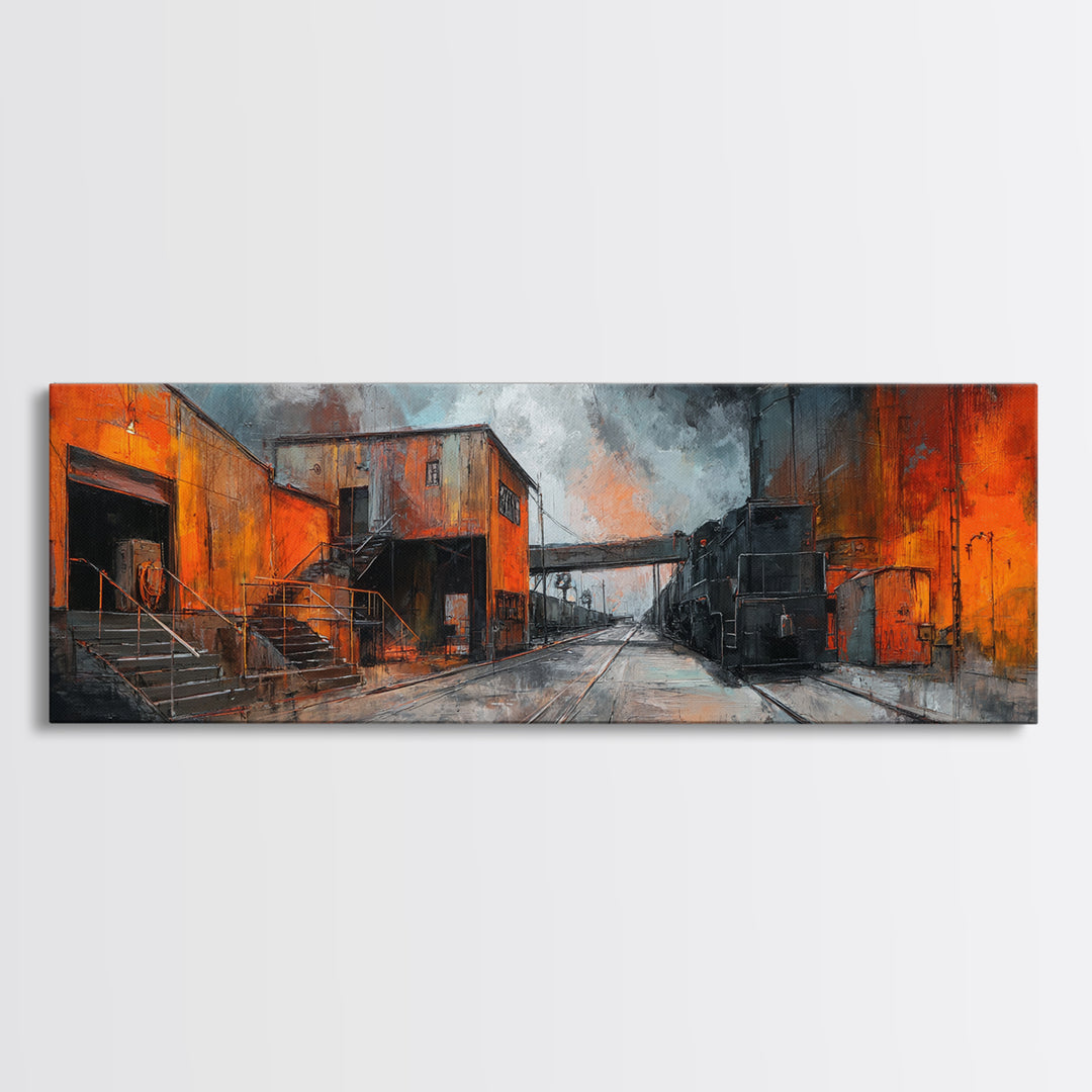Industrial Rail Tracks Leading into City Canvas Print, Urban Art, Queer Art, Living Room Decor, Fine Art, Urban, URB-3x1-14