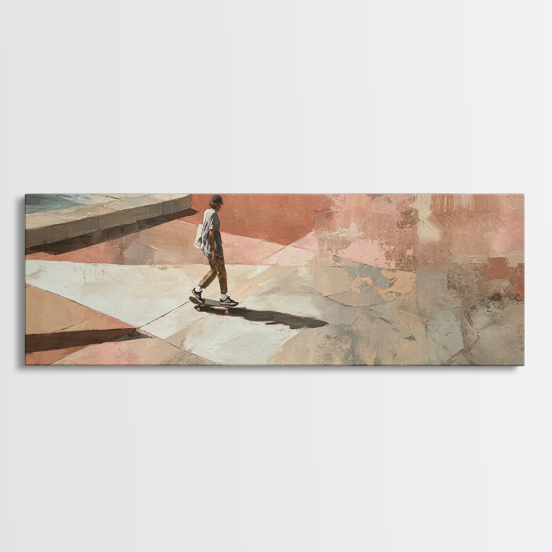 Skateboarder Crossing a Concrete Plaza Framed Canvas Print, Urban Art, Boho Decor, Living Room Decor, Fine Art, Urban, URB-3x1-23