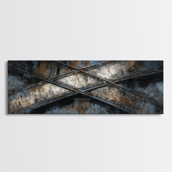 Industrial Rail Tracks Leading into City Canvas Print, Urban Art, Art Deco, Living Room Decor, Urban, Book Shelf Decor, URB-3x1-38