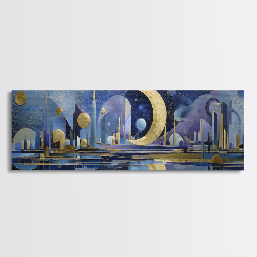 Night Skyline under Crescent Moon Canvas Print, Urban Art, Gallery Decor, Living Room Decor, Fine Art, Urban, Contemporary Art, URB-3x1-40