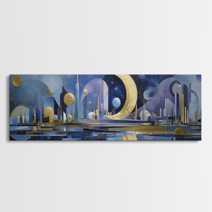 Night Skyline under Crescent Moon Canvas Print, Urban Art, Gallery Decor, Living Room Decor, Fine Art, Urban, Contemporary Art, URB-3x1-40