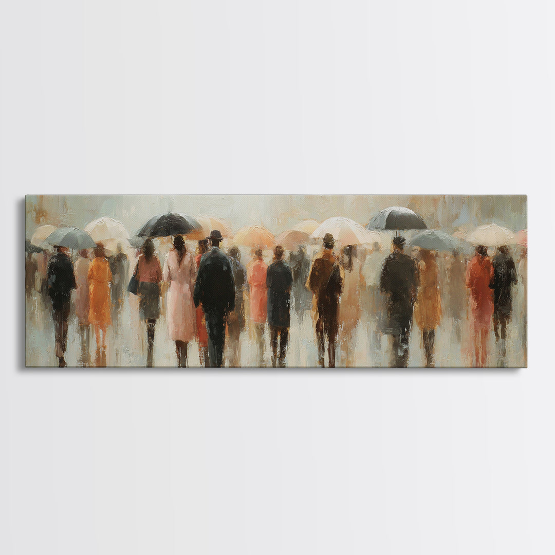Rain Umbrella Figures Framed Canvas Print, Urban Art, Boho Decor, Living Room Decor, Fine Art, Urban, Digital Prints, URB-3x1-60