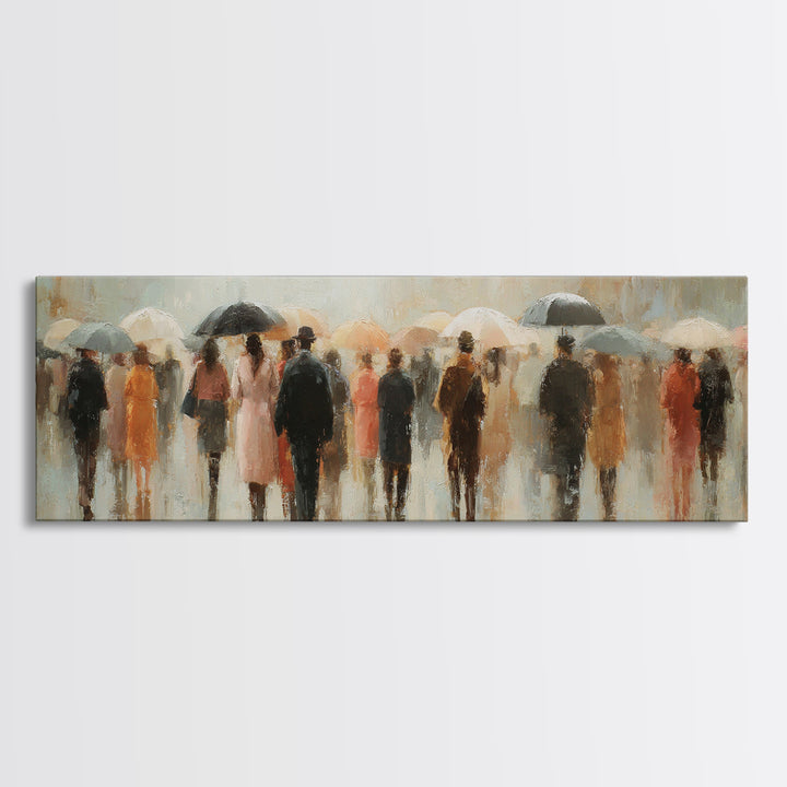 Rain Umbrella Figures Framed Canvas Print, Urban Art, Boho Decor, Living Room Decor, Fine Art, Urban, Digital Prints, URB-3x1-60