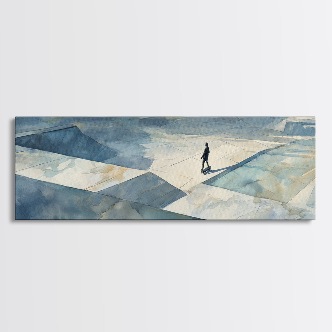 Skateboarder Crossing a Concrete Plaza Canvas Print, Urban Art, Original Art, Living Room Decor, Urban, Black Woman Art, URB-3x1-71