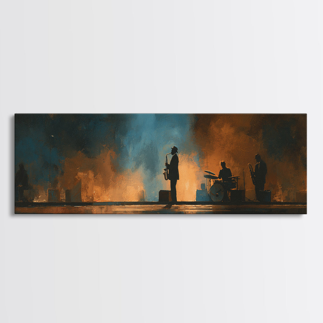 Urban Jazz Musician Silhouette Canvas Print, Urban Art, Poster, Living Room Decor, Urban, Modern Wall Art, Black Wall Art, URB-3x1-80