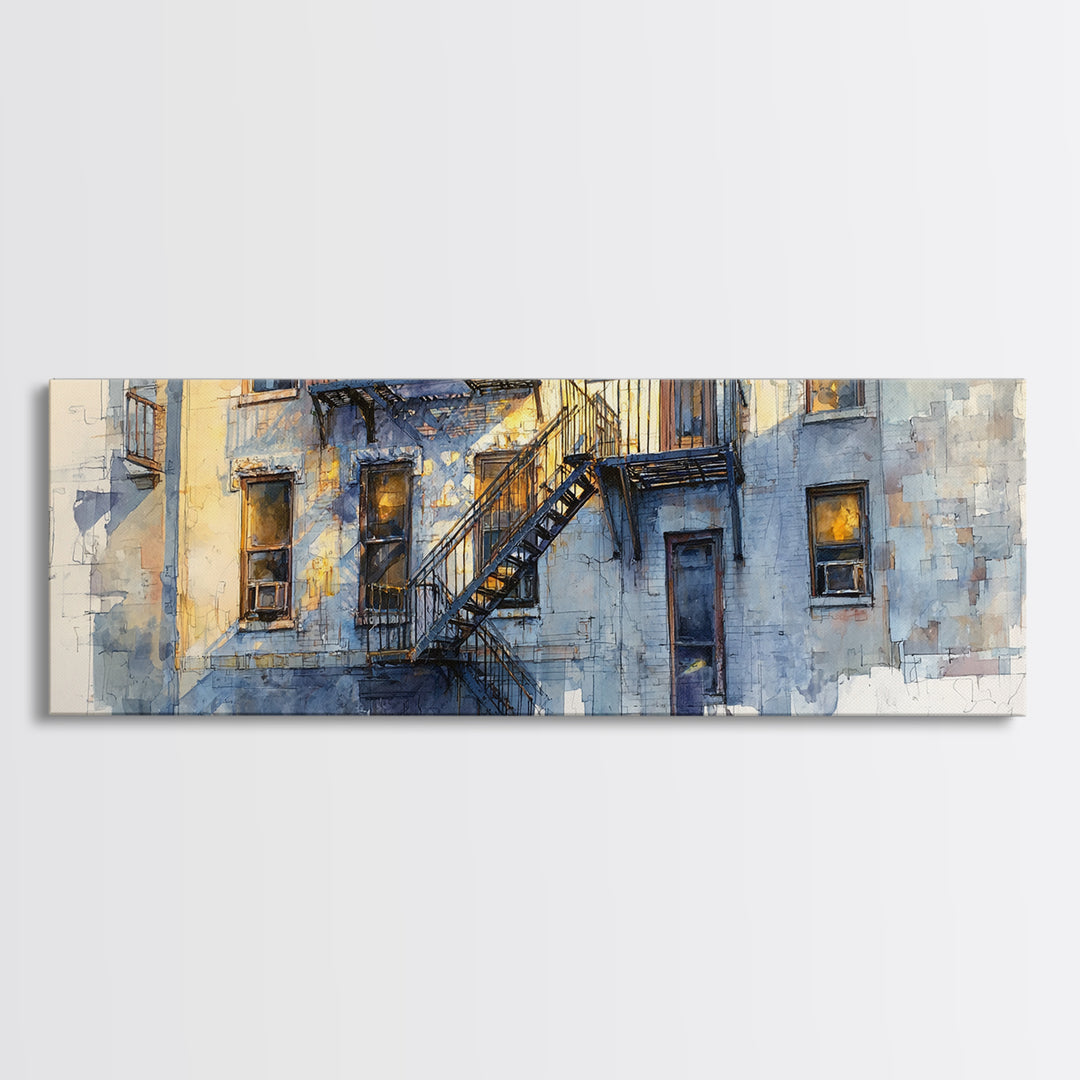 Fire Escape Silhouette Framed Canvas Print, Urban Art, Book Shelf Decor, Living Room Decor, Fine Art, Urban, Modern Decor, URB-3x1-90