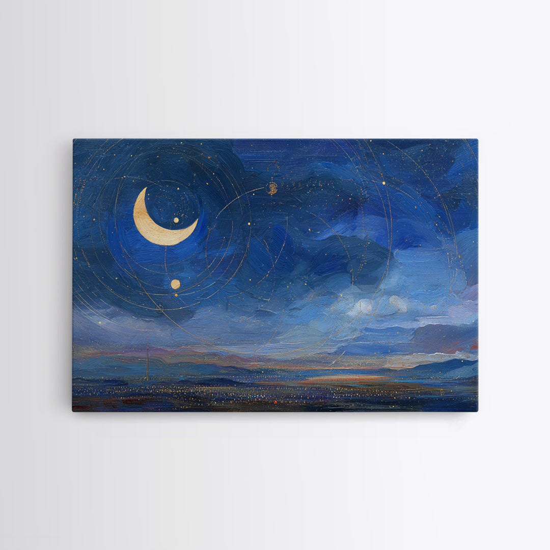 Night Skyline under Crescent Moon Framed Canvas Print, Urban Art, Fine Art Print, Living Room Decor, Abstract Art, Urban, URB-3x2-100