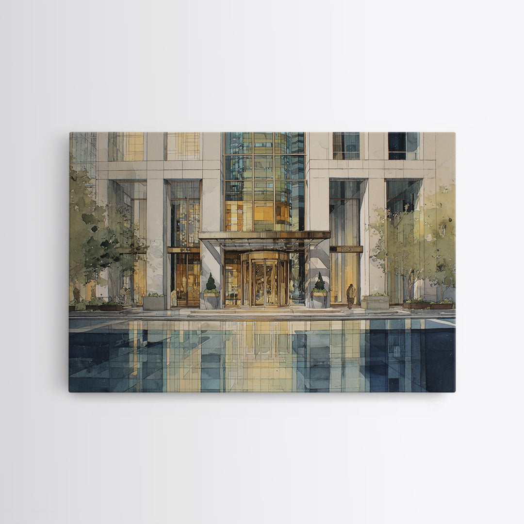 Modern Skyscraper Glass Reflections Framed Canvas Print, Urban Art, Art Deco, Living Room Decor, Urban, Book Shelf Decor, URB-3x2-18