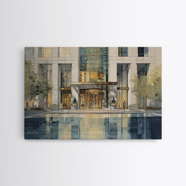 Modern Skyscraper Glass Reflections Framed Canvas Print, Urban Art, Art Deco, Living Room Decor, Urban, Book Shelf Decor, URB-3x2-18