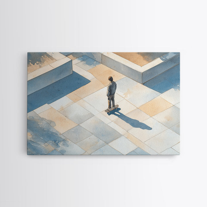 Skateboarder Crossing a Concrete Plaza Framed Canvas Print, Urban Art, Art Print, Living Room Decor, Oil Painting, Urban, URB-3x2-59