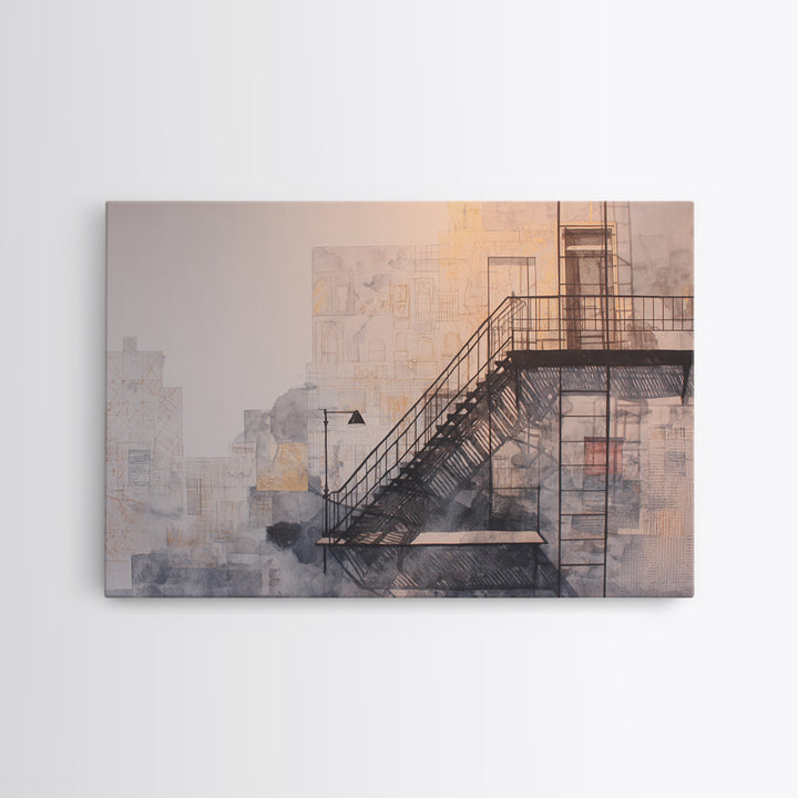 Fire Escape Silhouette Framed Canvas Print, Urban Art, Textured Wall Art, Living Room Decor, Urban, Digital Download Art, URB-3x2-6