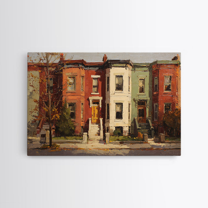 Brownstone Row in Soft Morning Light Framed Canvas Print, Urban Art, Gallery Decor, Living Room Decor, Abstract Art, Urban, URB-3x2-64
