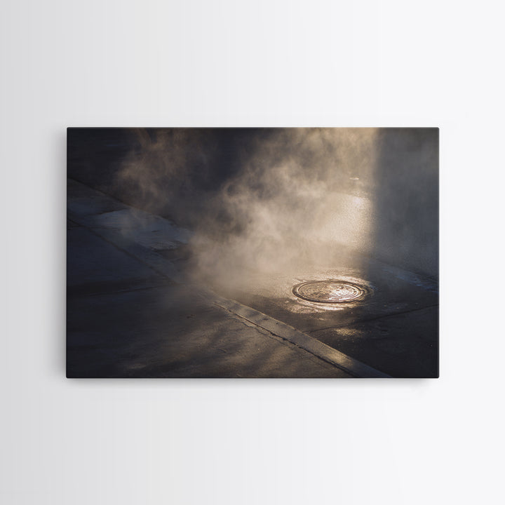 Open Manhole Steam Framed Canvas Print, Urban Art, Digital Download Art, Living Room Decor, Fine Art, Urban, Boho Decor, URB-3x2-69