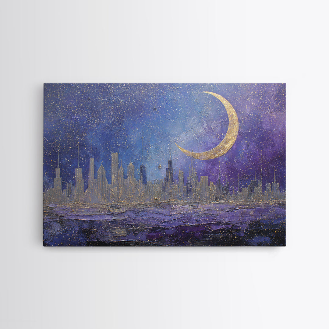 Night Skyline under Crescent Moon Canvas Print, Urban Art, Basketball Wall Art, Living Room Decor, Abstract Art, Urban, URB-3x2-76