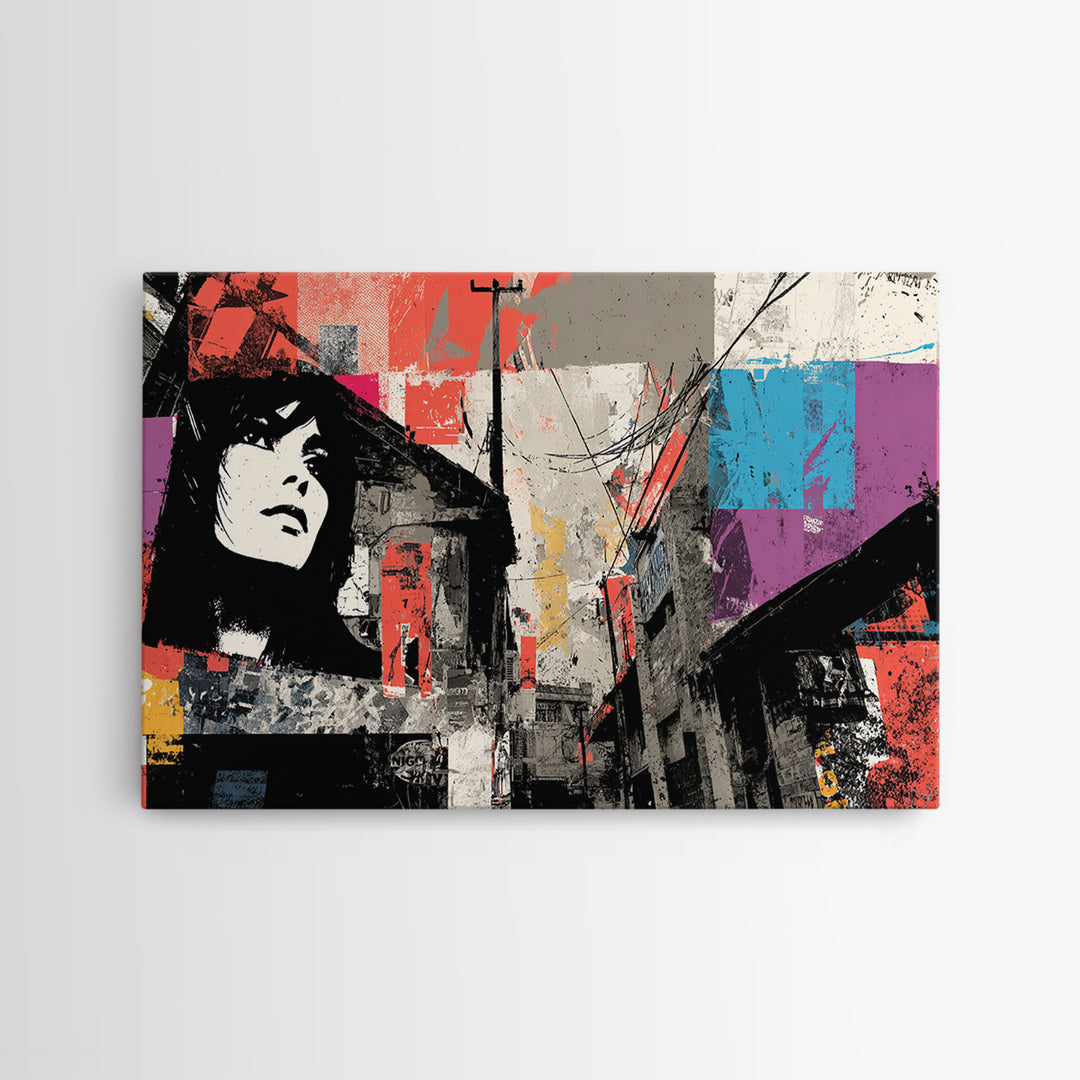 Graffiti Covered Alley Rendered as Color Collage Framed Canvas Print, Urban Art, Fine Art Print, Living Room Decor, Urban, URB-3x2-87