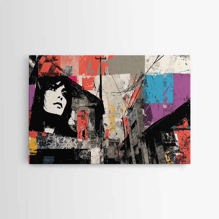 Graffiti Covered Alley Rendered as Color Collage Framed Canvas Print, Urban Art, Fine Art Print, Living Room Decor, Urban, URB-3x2-87