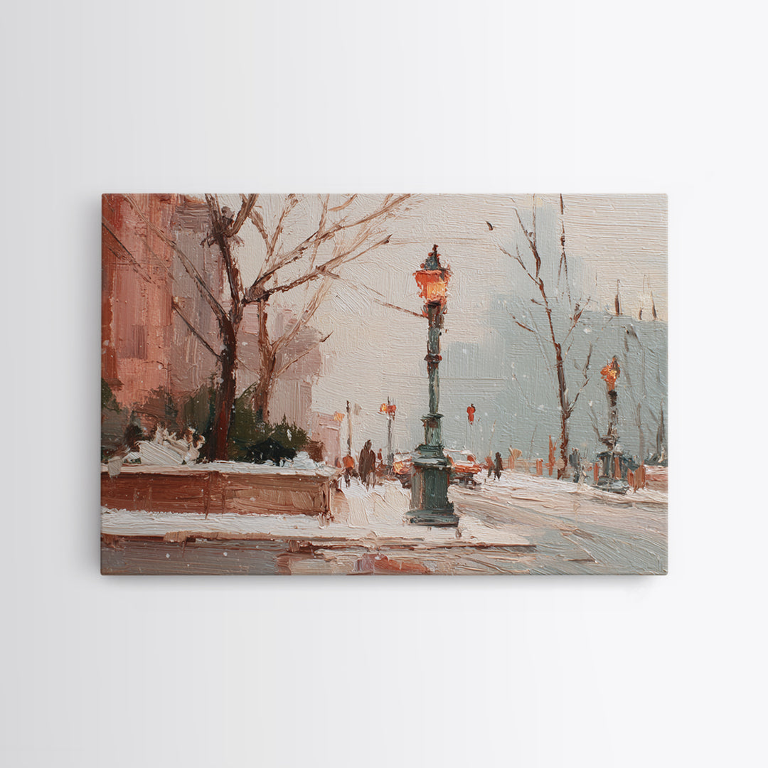 Streetlamp and Falling Snow Canvas Print, Urban Art, Basketball Wall Art, Living Room Decor, Oil Painting, Urban, URB-3x2-89