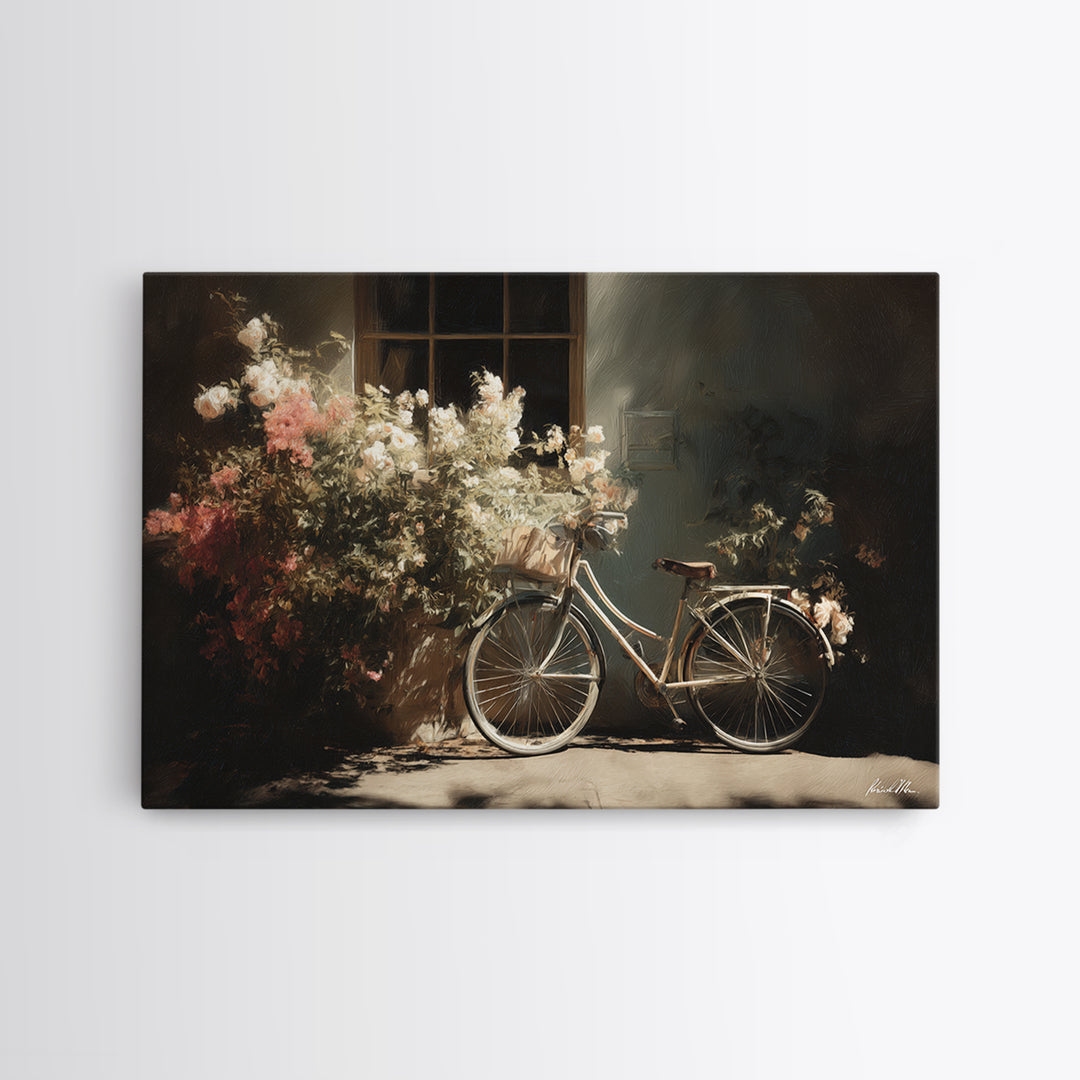 Bicycle Locked to Post Framed Canvas Print, Urban Art, Poster, Living Room Decor, Watercolor Art, Urban, Modern Wall Art, URB-3x2-91