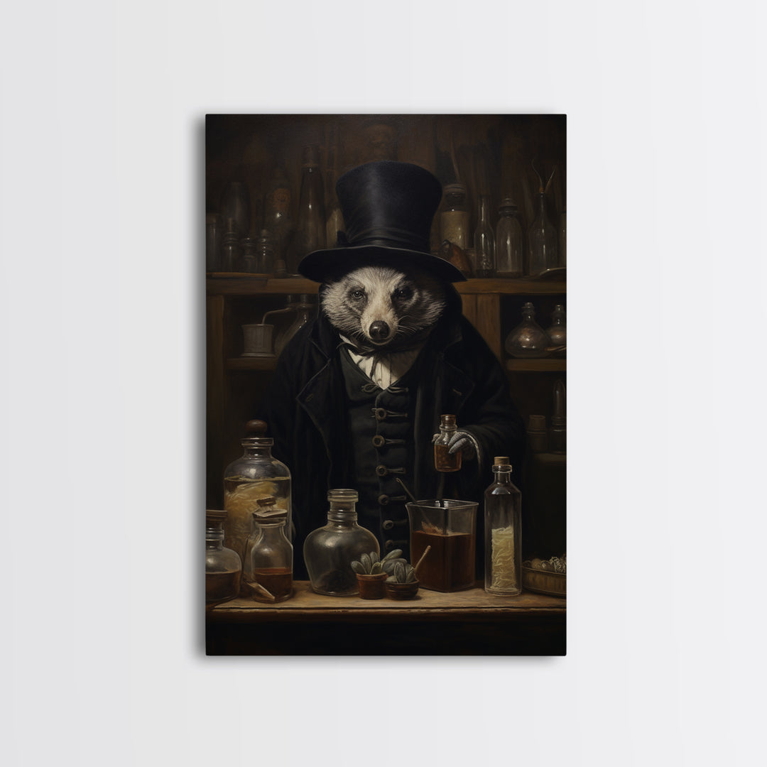 Badger Apothecary, Victorian Animal Portrait, Halloween Art, Gothic Whimsy Decor, Anthropomorphic Costume Art