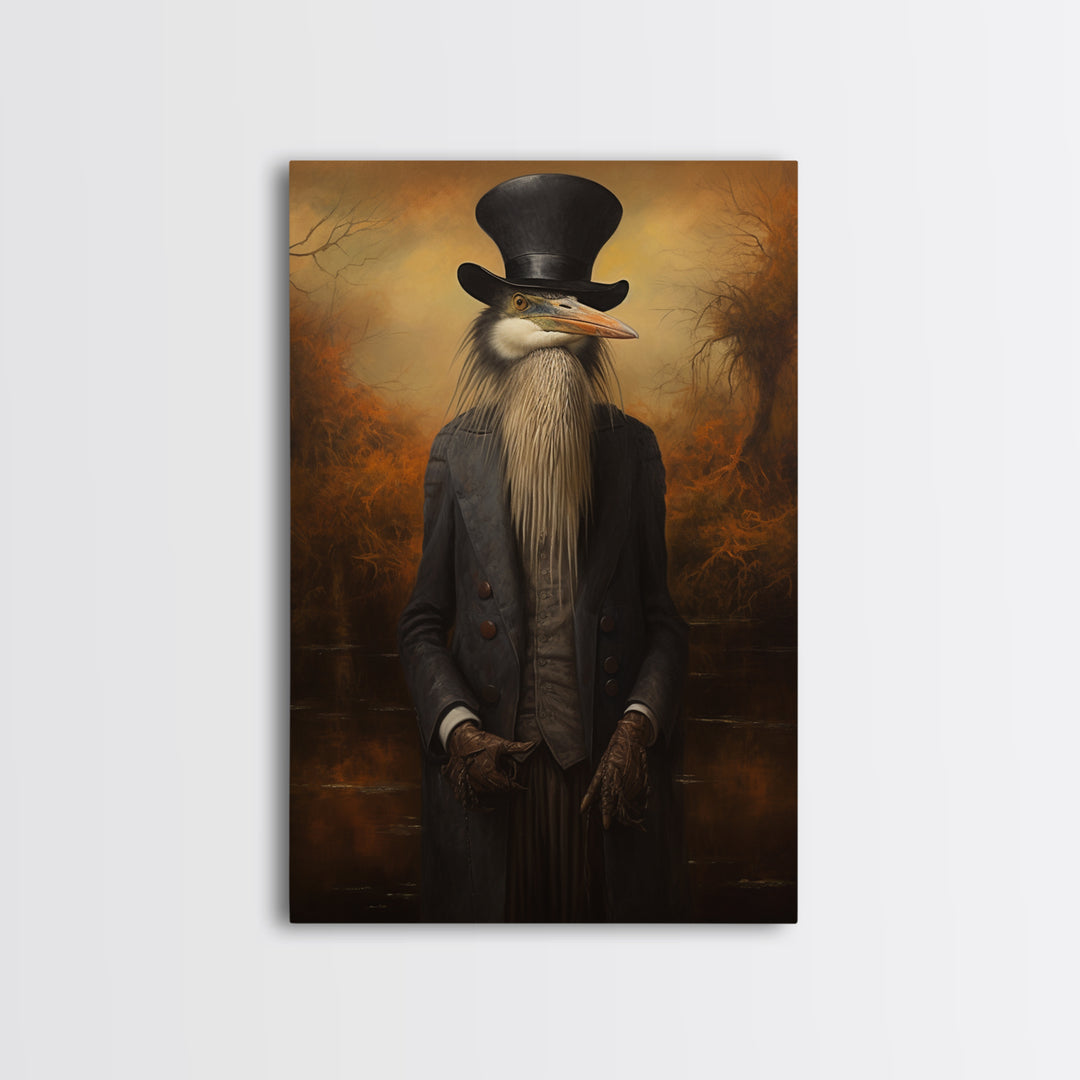 Heron Naturalist, Victorian Animal Portrait, Halloween Art, Gothic Whimsy Decor, Anthropomorphic Costume Art