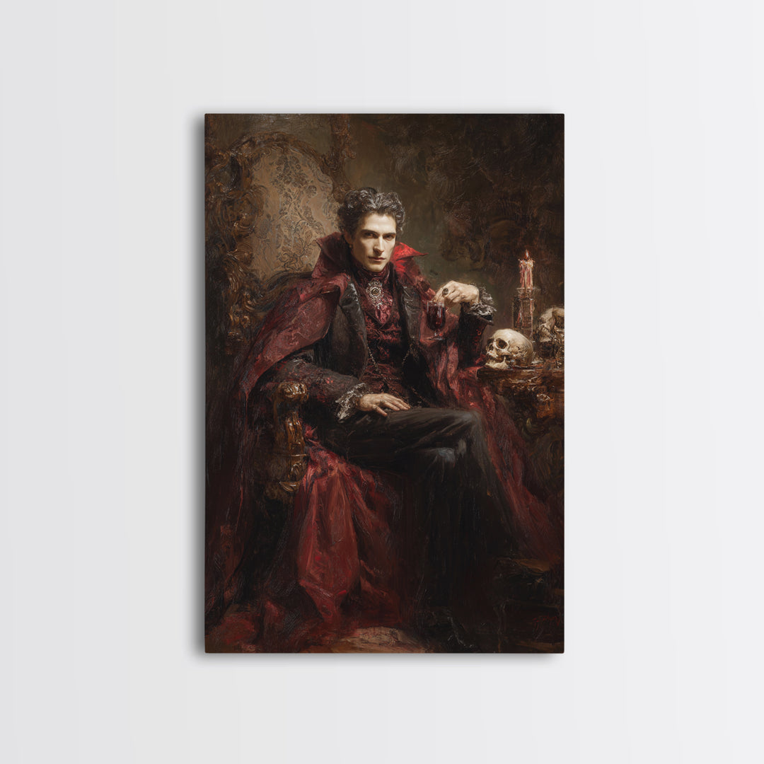 The Crimson Vampire, Victorian Horror Portrait, Vertical Wall Art, Framed Canvas Print, Gothic Wall Decor, Halloween Portrait Art