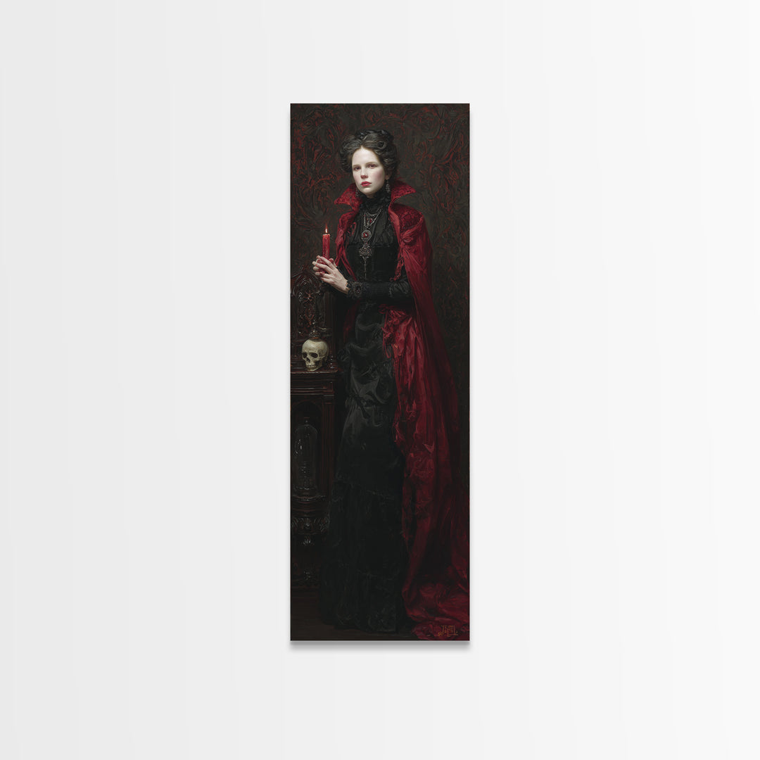 The Crimson Vampire, Antique Gothic Portrait, Tall Narrow Wall Art, Canvas Print, Gothic Wall Decor, Halloween Portrait Art