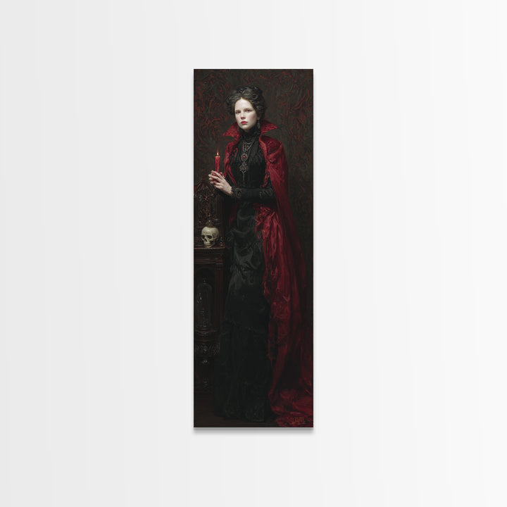 The Crimson Vampire, Antique Gothic Portrait, Tall Narrow Wall Art, Canvas Print, Gothic Wall Decor, Halloween Portrait Art