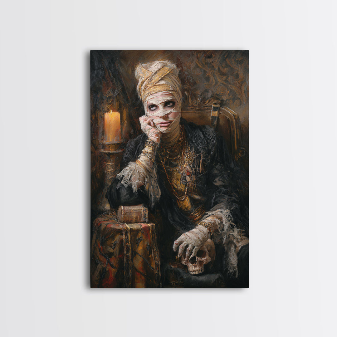 The Mummy Pharaoh, Antique Gothic Portrait, Vertical Wall Art, Framed Canvas Print, Gothic Wall Decor, Halloween Portrait Art