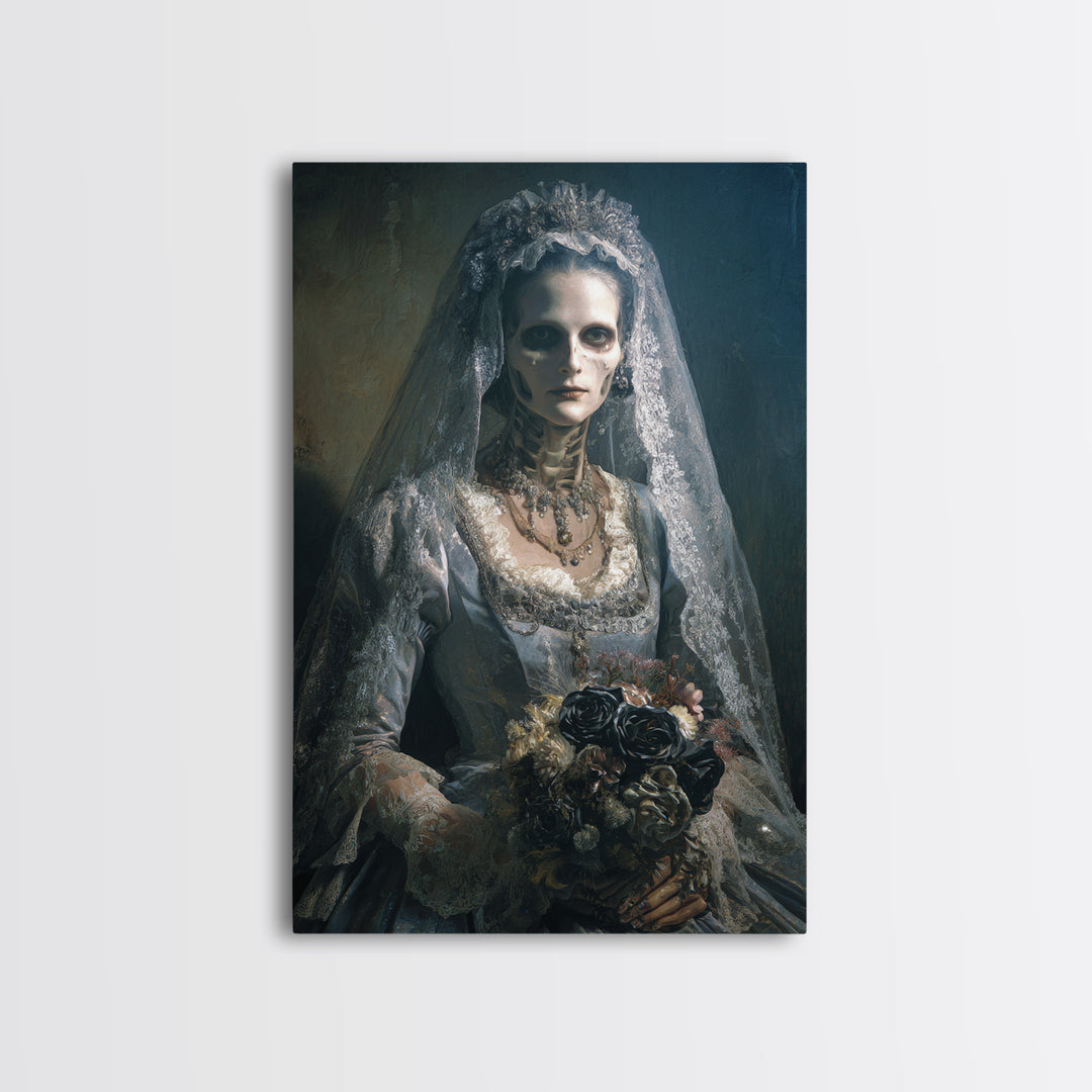 The Skeletal Bride, Dark Academia Wall Art, Vertical Wall Art, Framed Canvas Print, Gothic Wall Decor, Halloween Portrait Art