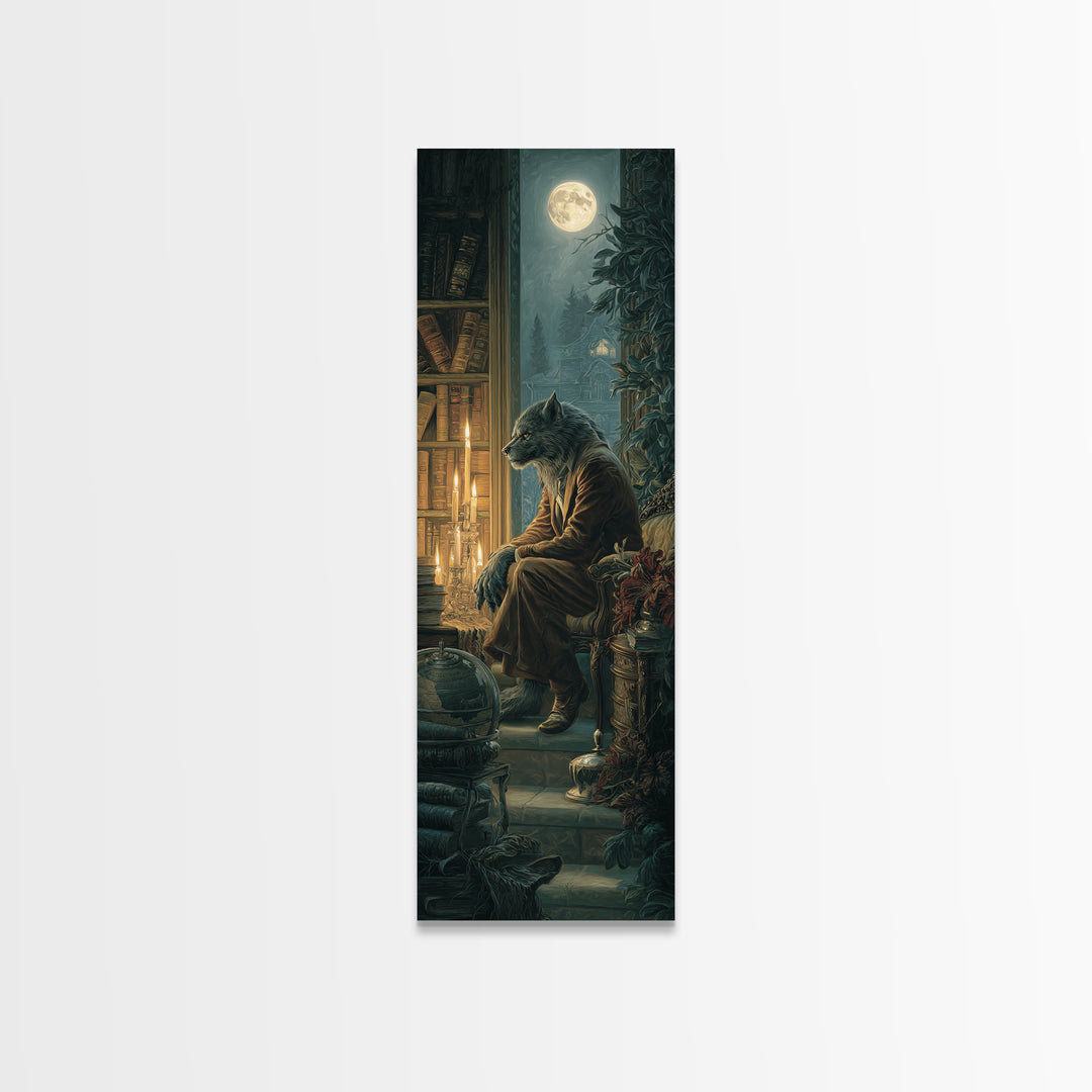 The Moon-Cursed Werewolf, Dark Academia Wall Art, Tall Narrow Wall Art, Framed Canvas Print, Gothic Wall Decor, Halloween Portrait Art