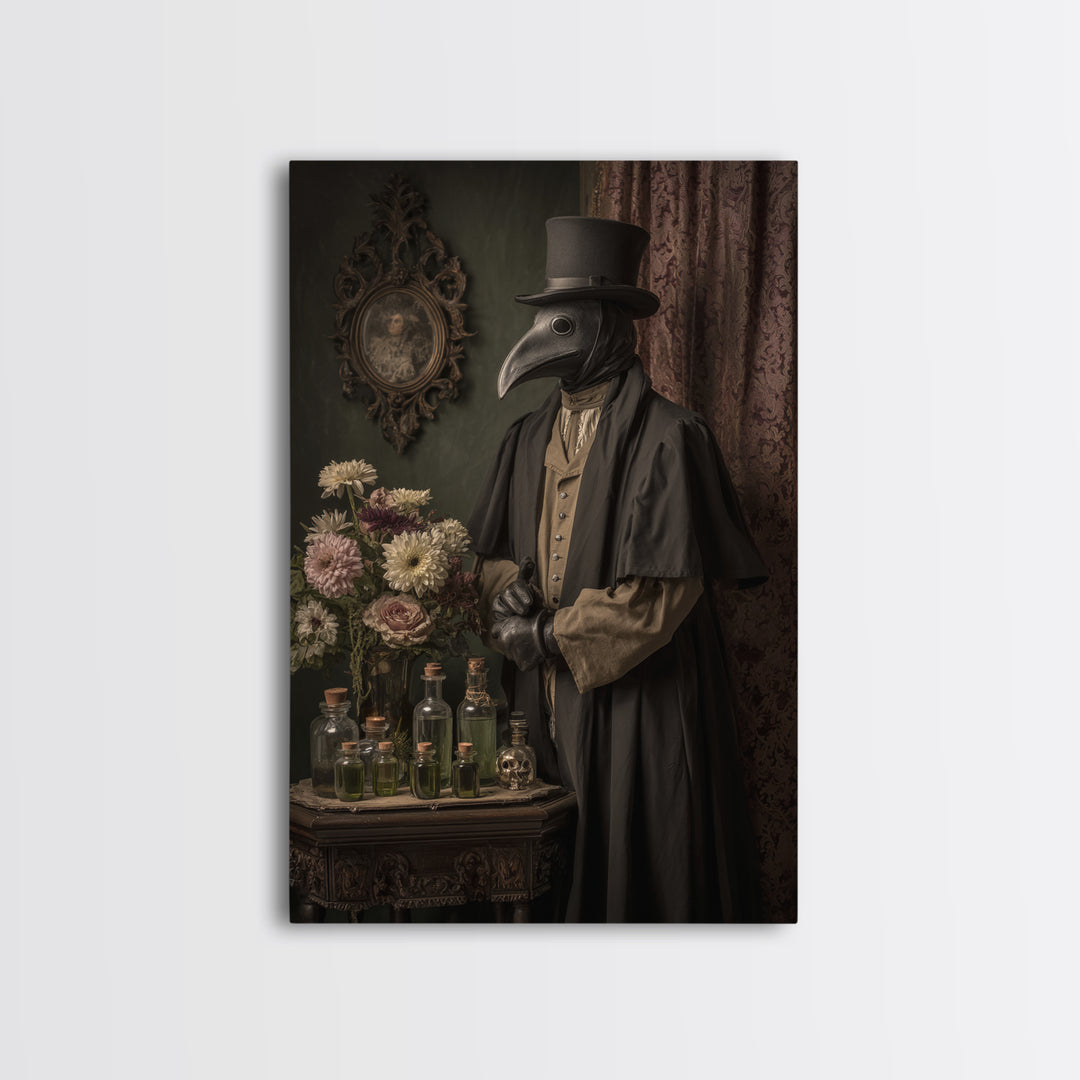 The Plague Doctor, Macabre Victorian Decor, Vertical Wall Art, Framed Canvas Print, Gothic Wall Decor, Halloween Portrait Art