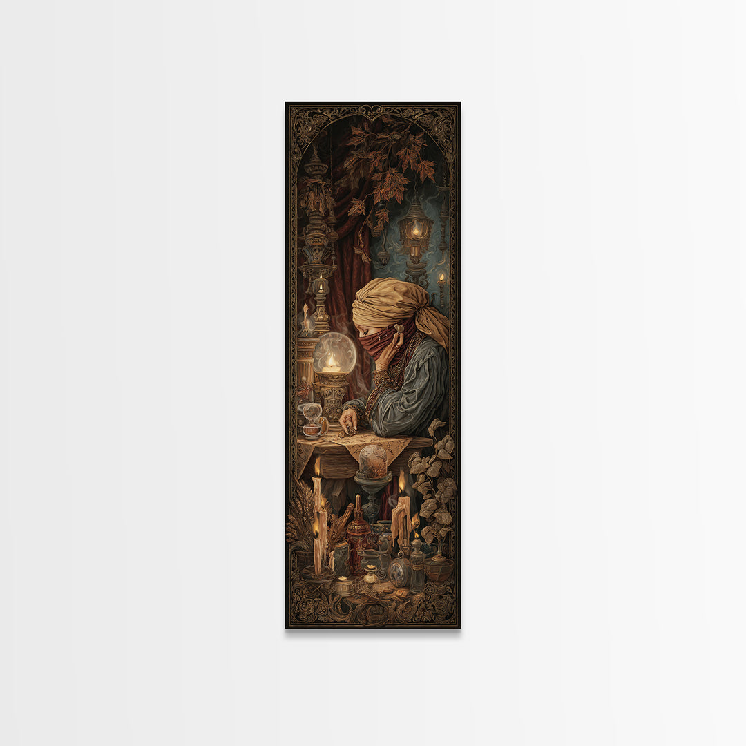 The Midnight Fortune Teller, Victorian Gothic Art, Tall Narrow Wall Art, Framed Canvas Print, Gothic Wall Decor, Halloween Portrait Art